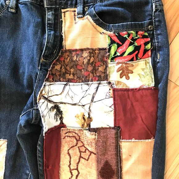 Upcycled Southwest Patchwork Jeans, Women’s 12P: Handmade Aztec Tribal Patches - Picture 6 of 12